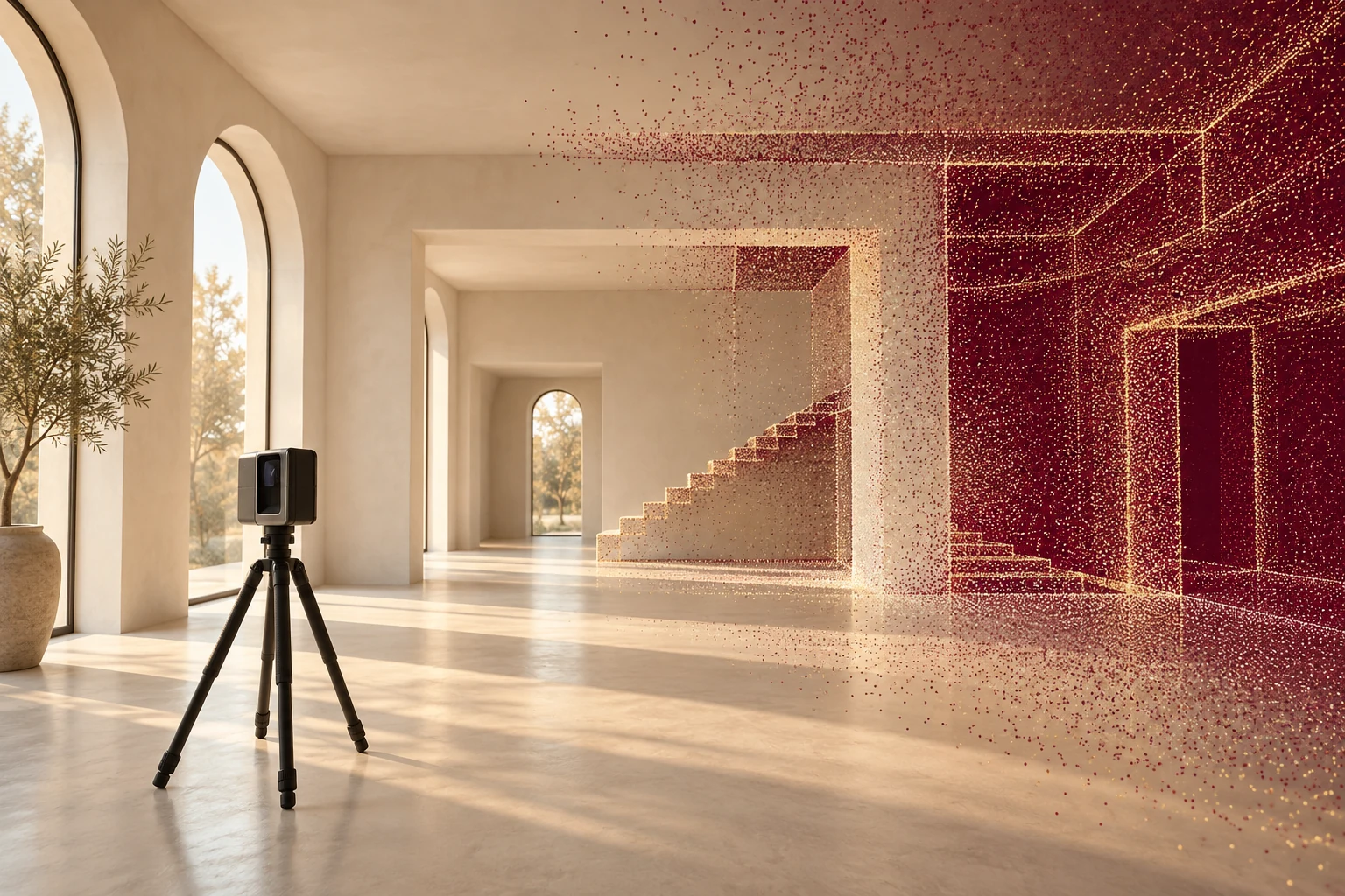 Ilustrație conceptuală cu un scanner și geometria 3D a unui interior