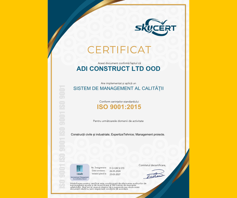Certificatul ISO 9001:2015 pentru Adi Construct Ltd, cu valabilitatea înscrisă până la 23 mai 2027
